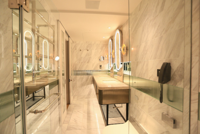 elegant washroom with warm lighting